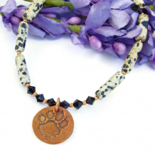 "For Love of a Dog" Dog Rescue Paw Print Necklace Dalmatian Jasper Swarovski Handmade OOAK
