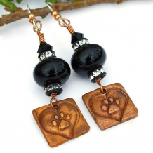 "For Love of a Dog" - Dog Love Earrings Paw Prints Hearts Handmade Black Lampwork Copper