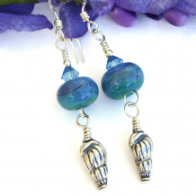 FOR LOVE OF THE BEACH - Sterling Seashell and Lampwork Handmade Beach Earrings, Swarovski Crystal Artisan Jewelry
