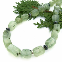 "Forest Medley" - Green Prehnite Handmade Necklace, Hematite Gemstone Artisan Spring Summer Jewelry