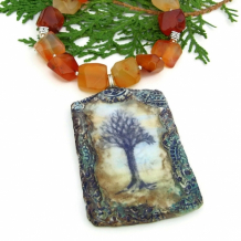 FOREST SENTINEL - Tree of Life Carnelian Necklace, Polymer Clay Gemstone Handmade Jewelry