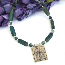 "FOREST WISDOM" - Tree of Life Fine Silver Pendant Necklace, Green Moss Agate Thai Hill Tribes Handmade Jewelry