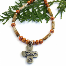 FREE IN HIS LOVE - Horse Heart Spiral Rustic Cross Necklace, Picture Jasper Pearls Southwest Handmade Jewelry