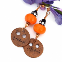 GHOUL - Halloween Ghoul and Lampwork Earrings, Orange Black Copper Handmade Jewelry