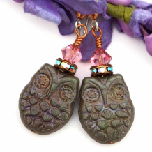 GIVE A HOOT - Handmade Owl Earrings, Metallic Green Pink Swarovski Crystal Trendy Jewelry
