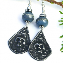 "Gothic Goodness" - Goth Skull Handmade Earrings, Halloween Day of the Dead Gray Lampwork Crystals Jewelry