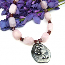 "Grow Strong" - Handmade Grow Strong Flower Pendant Necklace, Rose Quartz, Pink and Purple Gemstone Jewelry