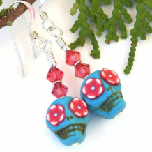  WILD EYED SKULLS - Sugar Skulls Earrings, Flower Eyes Day of the Dead Halloween Jewelry