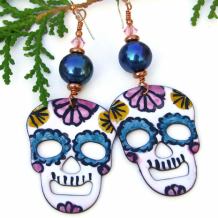 CALAVERAS DE COLORES - Sugar Skulls Earrings, Day of the Dead Halloween Enamel Pearls Jewelry