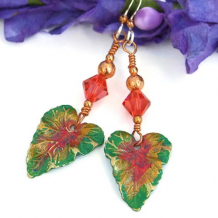 IN THE TROPICS - Handmade Leaf Earrings, Brass Green Coral Swarovski Tropical Jewelry
