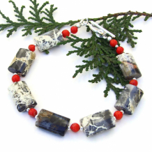 MYSTIQUE - Silver Leaf Jasper Gemstone Bracelet, Red Coral Handmade Jewelry Gift