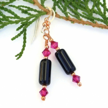 "Hip to be Square" - Black Onyx Fuchsia Swarovski Crystal Earrings, Handmade Dangle Jewelry