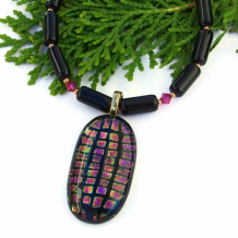 "Hip to be Square" - Fuchsia Squares Dichroic Glass Pendant Necklace, Black Onyx Swarovski Handmade Jewelry 