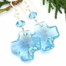 "His Love" - Swarovski Cross Earrings, Sparkling Aquamarine Blue Crystal Christian Handmade Dangle Jewelry