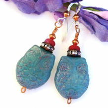 HOOTIE LOVE - Aqua Opal Owl Earrings, Red Czech Glass Crystals Handmade Jewelry