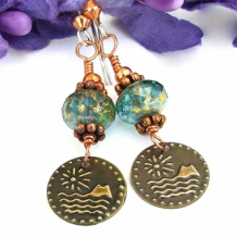 ISLAND DREAMING - Vintage Brass Sun, Island and Ocean Charm Earrings, Handmade Jewelry