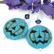 SONREINTES CALABAZAS - Jack O Lantern Pumpkin Handmade Earrings, Turquoise Carved Halloween