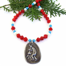 KOKOPELLI - Kokopelli Necklace, Southwest Jewelry Red Coral Turquoise Magnesite