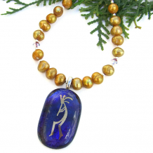 "Kokopelli" Kokopelli Dichroic Necklace Handmade with Pearls Purple and Gold