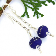 Lapis Blue Lampwork Earrings, Handmade Sterling Chain Dangle Jewelry