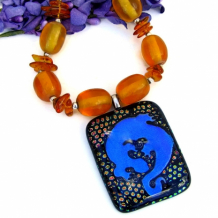 "Leapin' Lizard" - Dichroic Lizard Gecko Pendant and Amber Necklace, Sparkling Handmade Artisan Jewelry