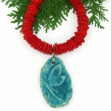 "Libellula" - Teal Dragonfly Pendant and Red Coral Necklace, Boho Handmade Jewelry
