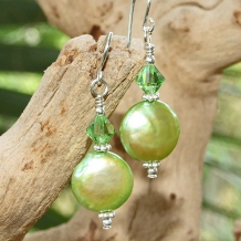 LIME DROPS DEUX - Lime Coin Pearls and Peridot Swarovski Earrings, Handmade Summer