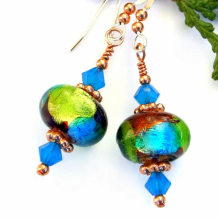 BONITOS COLORES - Lampwork Foil Earrings, Lime Green Aqua Blue Brown Handmade Jewelry