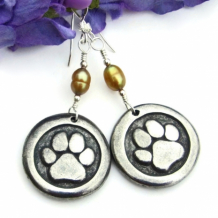 "Love a Dog" - Dog Paw Print and St. Francis Earrings, Pewter Pearls Handmade Rescue Jewelry