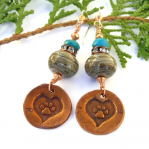 "Love Always" - Copper Paw Print Dog Rescue Handmade Earrings, Lampwork Turquoise Jewelry