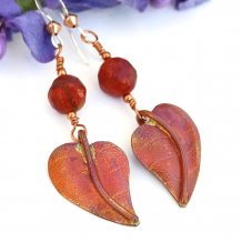 "Love of Leaves" - Red Copper leaf Earrings, Handmade Sponge Coral Beaded Artisan Jewelry 