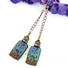 "Luminous" - Blue Opalescent Czech Glass Artisan Earrings Green Swarovski Crystals Handmade