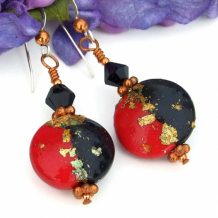 "Magical Mystery Tour" - Red Black Gold Polymer Clay Earrings, Swarovski Handmade Beaded Dangle Jewelry