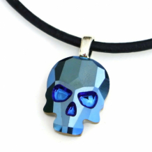METALLIC BLUE SKULL - Skull Necklace, Crystal Metallic Blue Black Leather Handmade Jewelry
