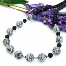 METEORITES - Silver Druzy Necklace, Jewelry for Women Black Jasper Handmade