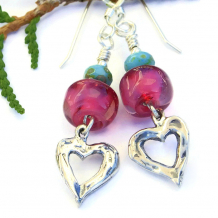 "Mi Corazon" Sterling Heart Earrings with Pink Lampwork and Turquoise