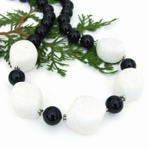MIDNIGHT MAGIC - Black White Necklace, Classy Chunky Gemstone Jewelry Quartzite Jade