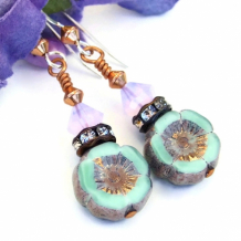 "Minted Bliss" - Mint Green Pansy Flower Earrings, Lavender Opal Swarovski Handmade Summer Jewelry