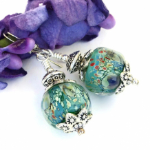 MONET'S WATER LILIES - Water Lilies Impressionist Lampwork Earrings, Monet Sterling Handmade Jewelry