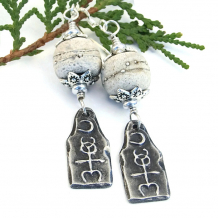 "Moon Over Monad" - Mystical Monad and Rustic Lampwork Earrings, Handmade Pewter Glyph Sterling Artisan Jewelry