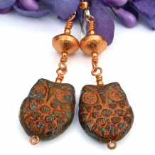 "Noctua" - Copper Brown Handmade Owl Earrings, Czech Glass Artisan Dangle Jewelry