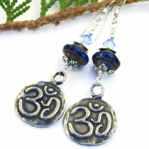 NOW AND ZEN - OM and Lotus Zen Yoga Earrings, Aum Blue Pewter Handmade Jewelry