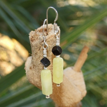 SUNDREAM - Olive Jade and Diagonally Drilled Black Onyx Earrings, Sterling Handmade 