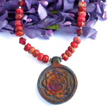 Om Raku Pendant Necklace, Handmade Jasper Gemstone Swarovski Jewelry