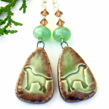 FOR THE LOVE OF GOOD DOGS - Dog Lovers Earrings, Green Brown Ceramic Lampwork Handmade Jewelry