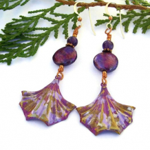 TAHITIAN DANCER - Orchid Purple Fan Earrings, Handmade Coin Pearls Amethyst Boho