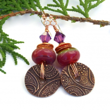 "Paisley Sunrise" - Copper Paisley Disc and Sunrise Lampwork Boho Earrings, Pink Purple Handmade Artisan Jewelry