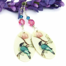 Aqua Bird and Pink Flowers Earrings, Polymer Clay Swarovski Crystals Handmade Jewelry