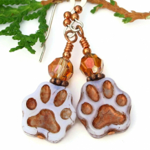 PATAS - Dog Cat Paw Print Earrings, Pink Opal Copper Crystals Handmade Jewelry