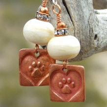 "Paws Across My Heart" - Dog Rescue Paw Print Heart Earrings Ivory Lampwork Crystals Handmade
